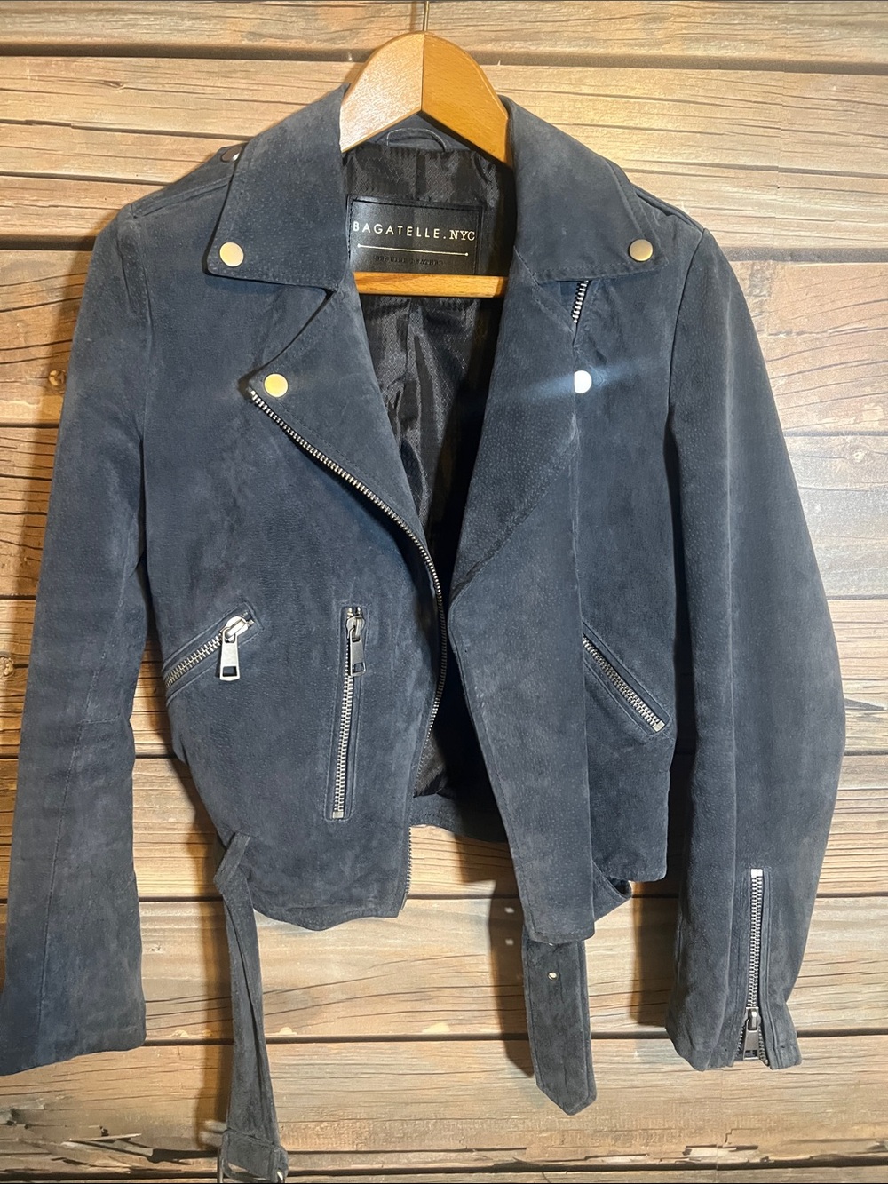 Bagatelle Blue Suede Moto Jacket with Belt Size S